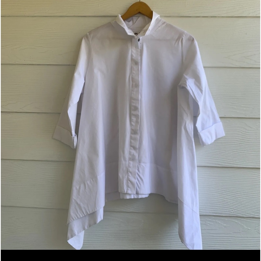 Planet By Lauren G Button Down White Swing Tunic Shirt One Size Asymmetrical Hem